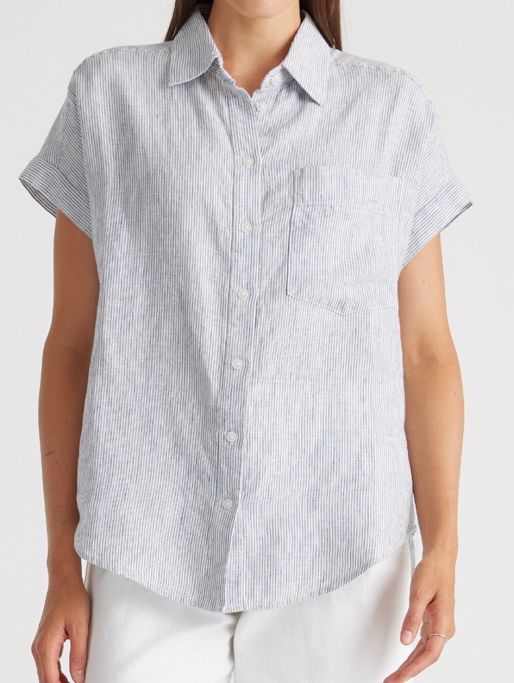 Quince 100% European Linen Camp Shirt Blue Pinstripe Womens XS Oversized